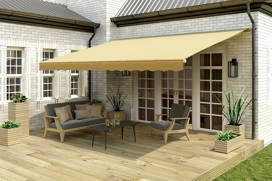 Outdoor awnings come in many colors to complement your deck and home's exterior. A cream awning over a wood deck