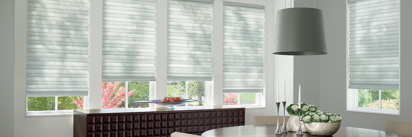 Light gray sheer shades on dining room windows