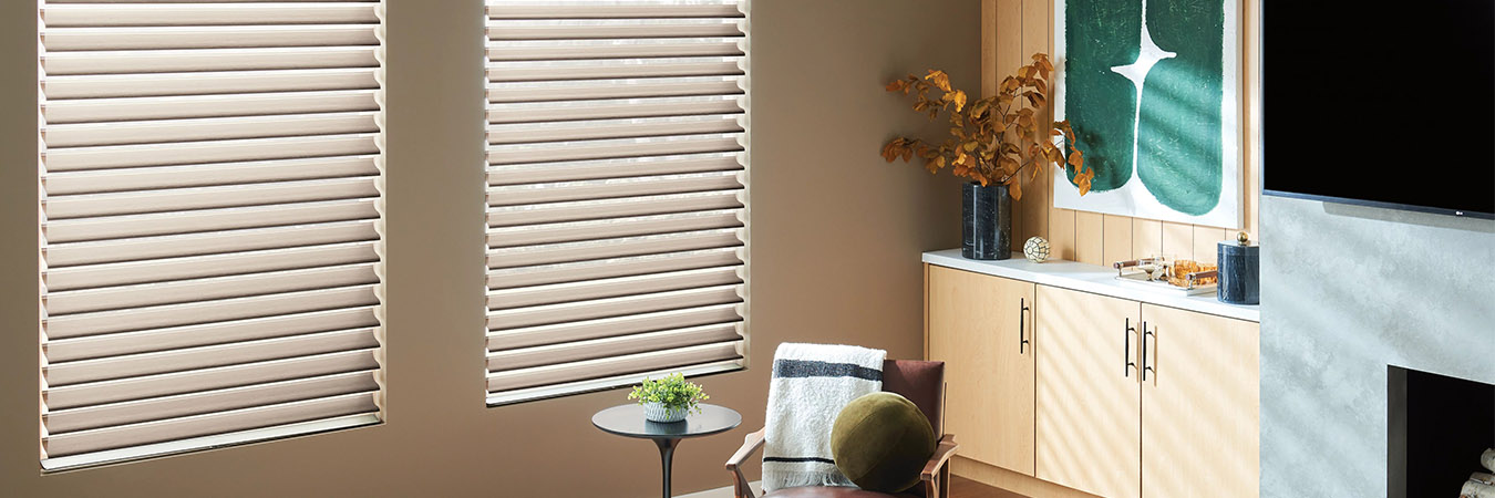 Beige sheer window shades on living room windows