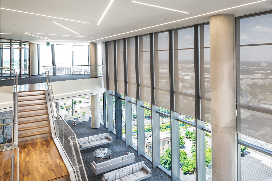 gray commercial shades in a business lobby