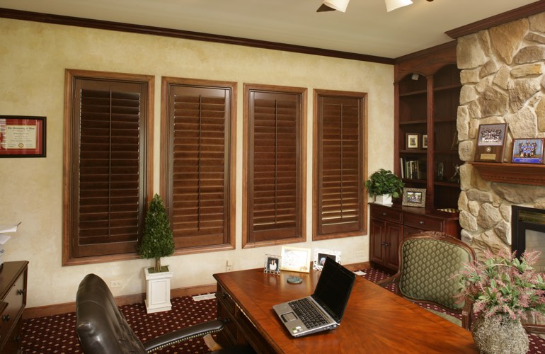 Hardwood plantation shutters in a Las Vegas home office