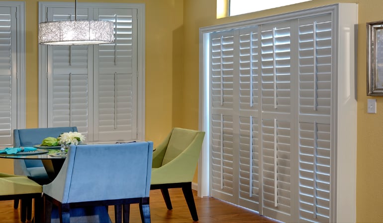 Plantation shutters on a French door work like common window shutters. Patio Doors with Plantation Shutters in Las Vegas